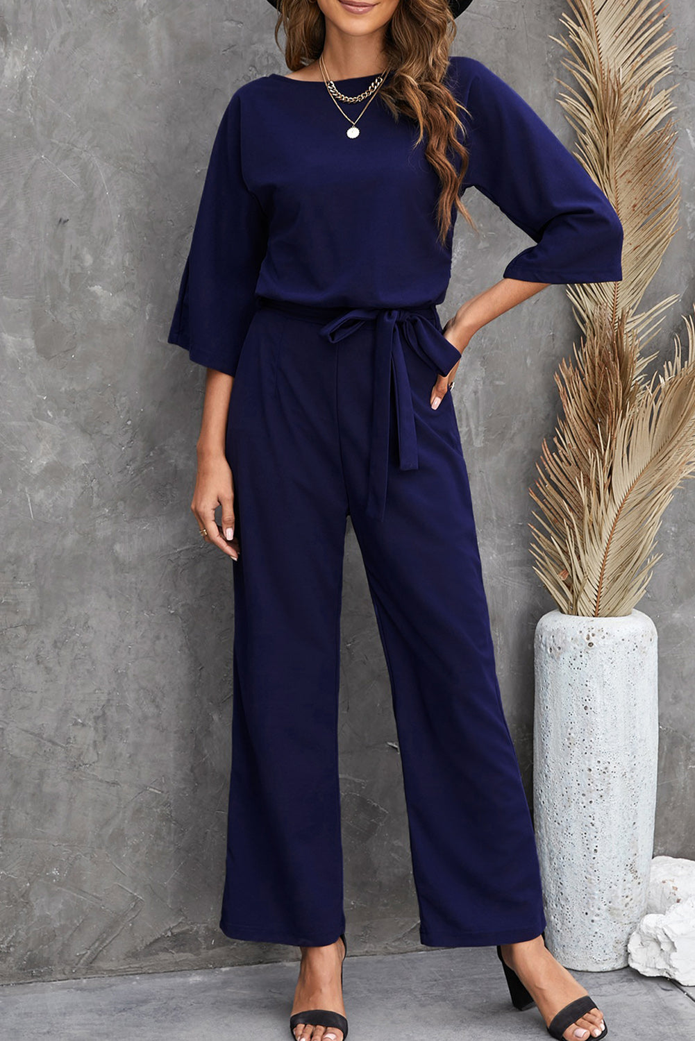 Bracelet Sleeve Waist Tie Wide Leg Jumpsuit | Blue