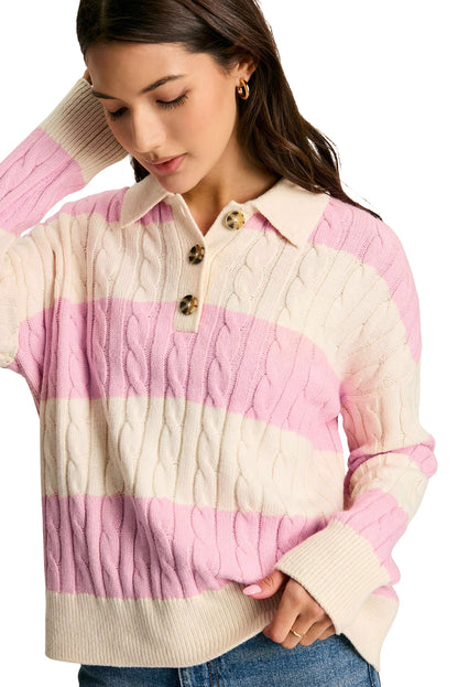 Cable Knit Collared Henley Sweater | Pink Stripe