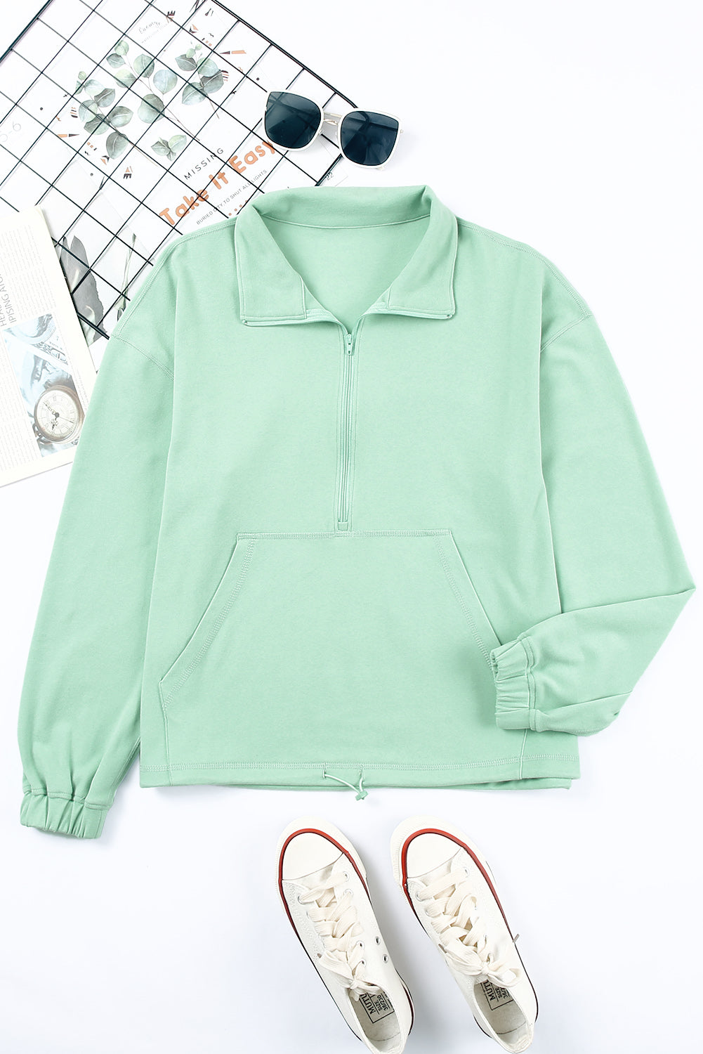 Zip Front Pocketed Pullover Sweatshirt | Green