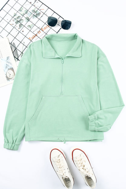 Zip Front Pocketed Pullover Sweatshirt | Green