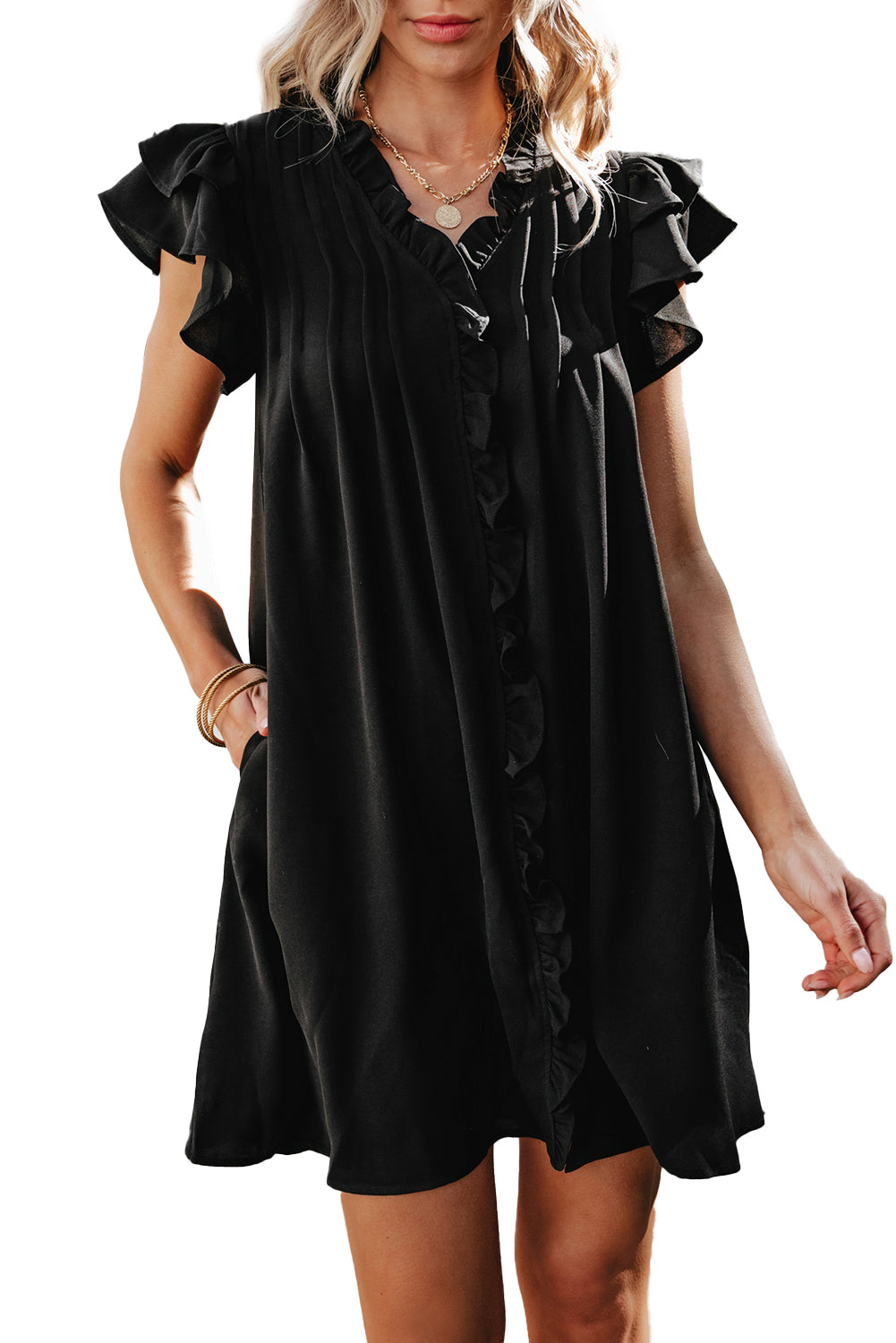 Ruffle Sleeve V Neck Frilled Shift Dress | Black