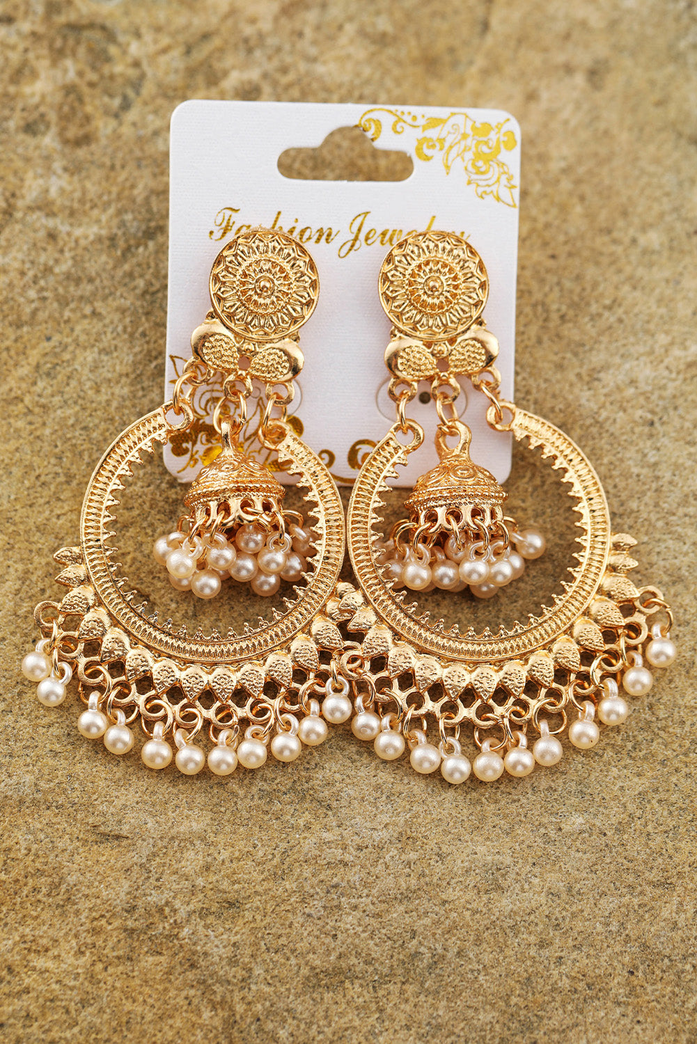 Gold Boho Pearl Tasseled Plated Alloy Dangle Earrings