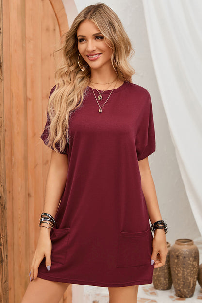 Side Pockets Short Sleeve Tunic Top | Red