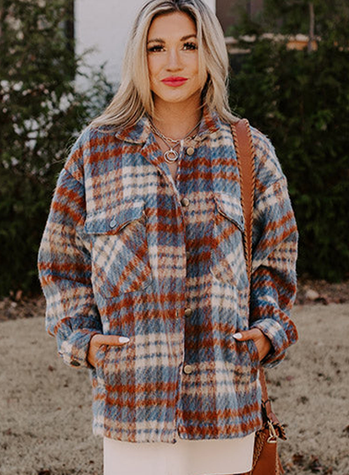 Plaid Print Chest Pockets Turn Down Collar Shacket | Cinnamon