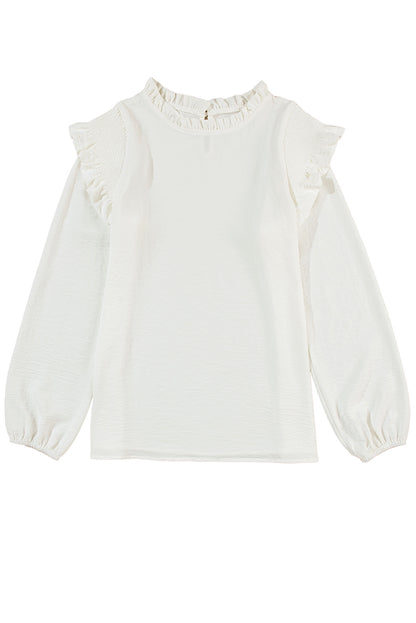 Frilled Neck Ruffled Trim Bubble Sleeve Blouse | White