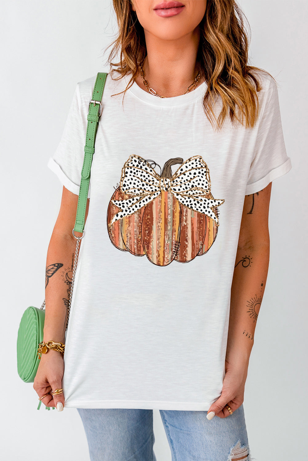 Thanksgiving Bow Knot Pumpkin Print Round Neck T Shirt | White