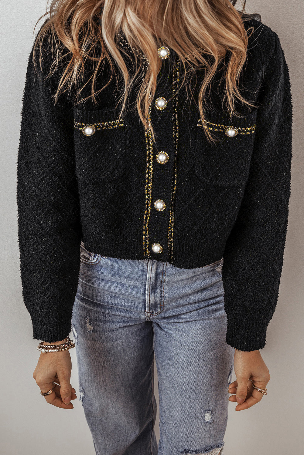 Shimmer Flap Pocket Button Up Cardigan | Black