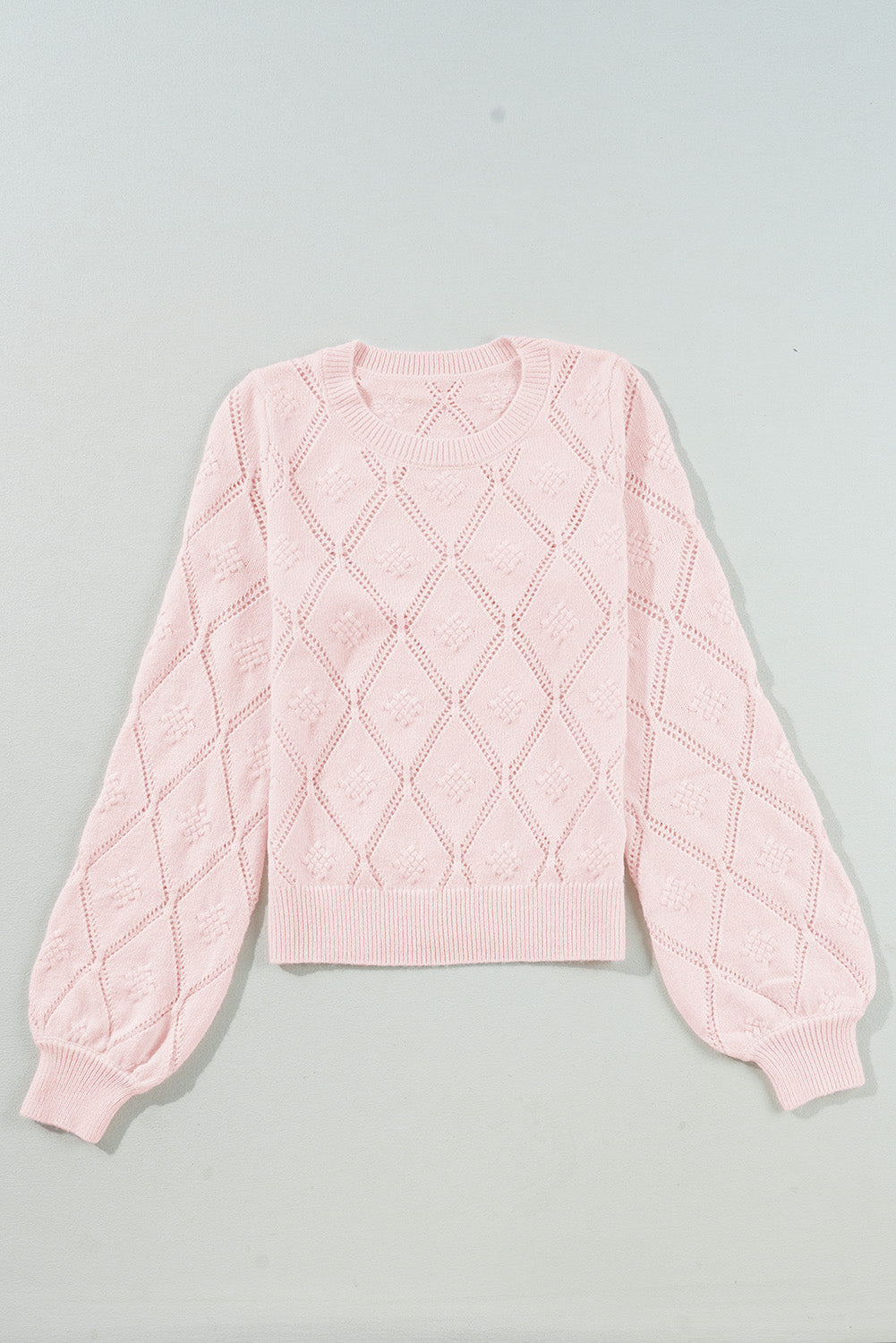 Openwork Plaid Puff Sleeve Cropped Sweater | Gossamer Pink