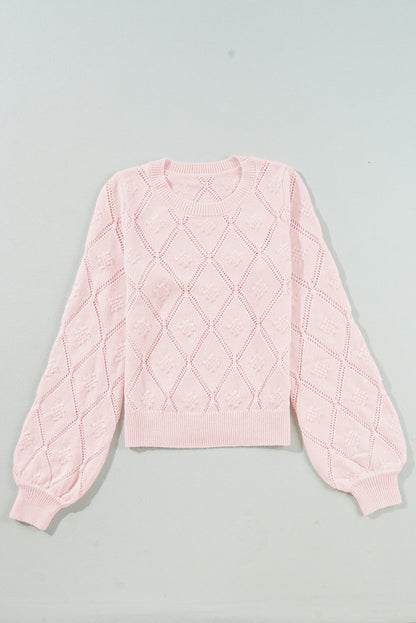 Openwork Plaid Puff Sleeve Cropped Sweater | Gossamer Pink