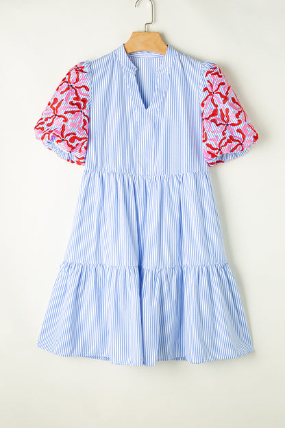 Contrast Floral Puff Sleeve Tiered Ruffle Dress | Sky Blue Stripe