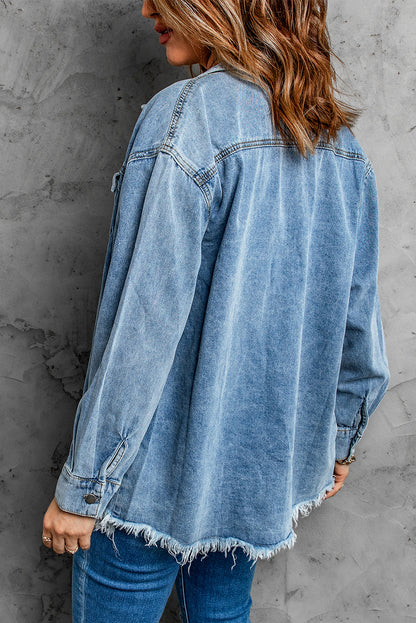 Pocket Raw Hem Buttoned Denim Jacket | Sky Blue