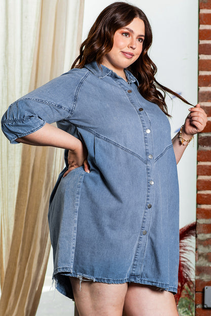 Ruffled 3/4 Sleeve Buttoned Front Plus Size Denim Dress | Light Blue