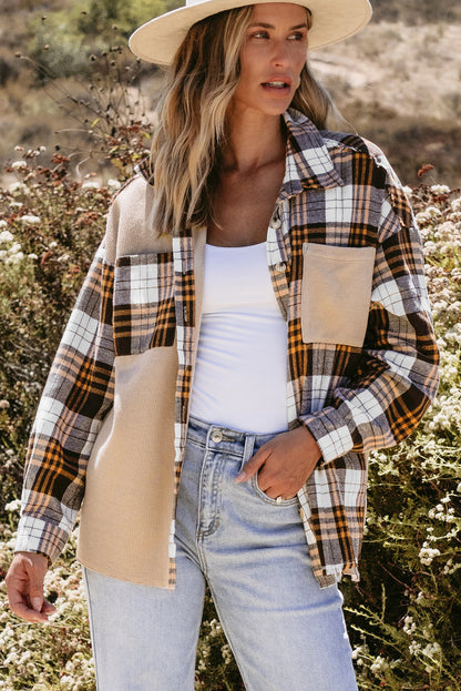 Thermal Knit Plaid Patchwork Shacket | Khaki