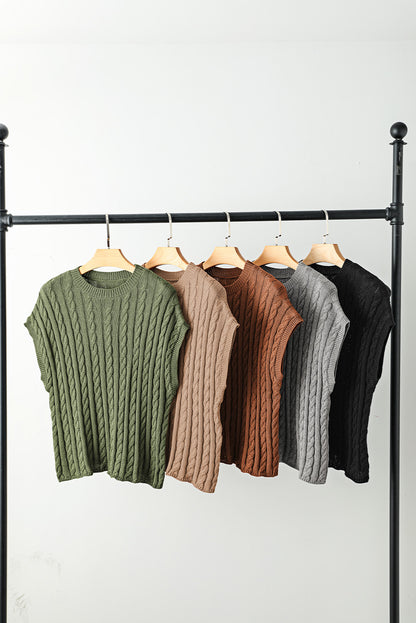 Crew Neck Cable Knit Short Sleeve Sweater | Light French Beige