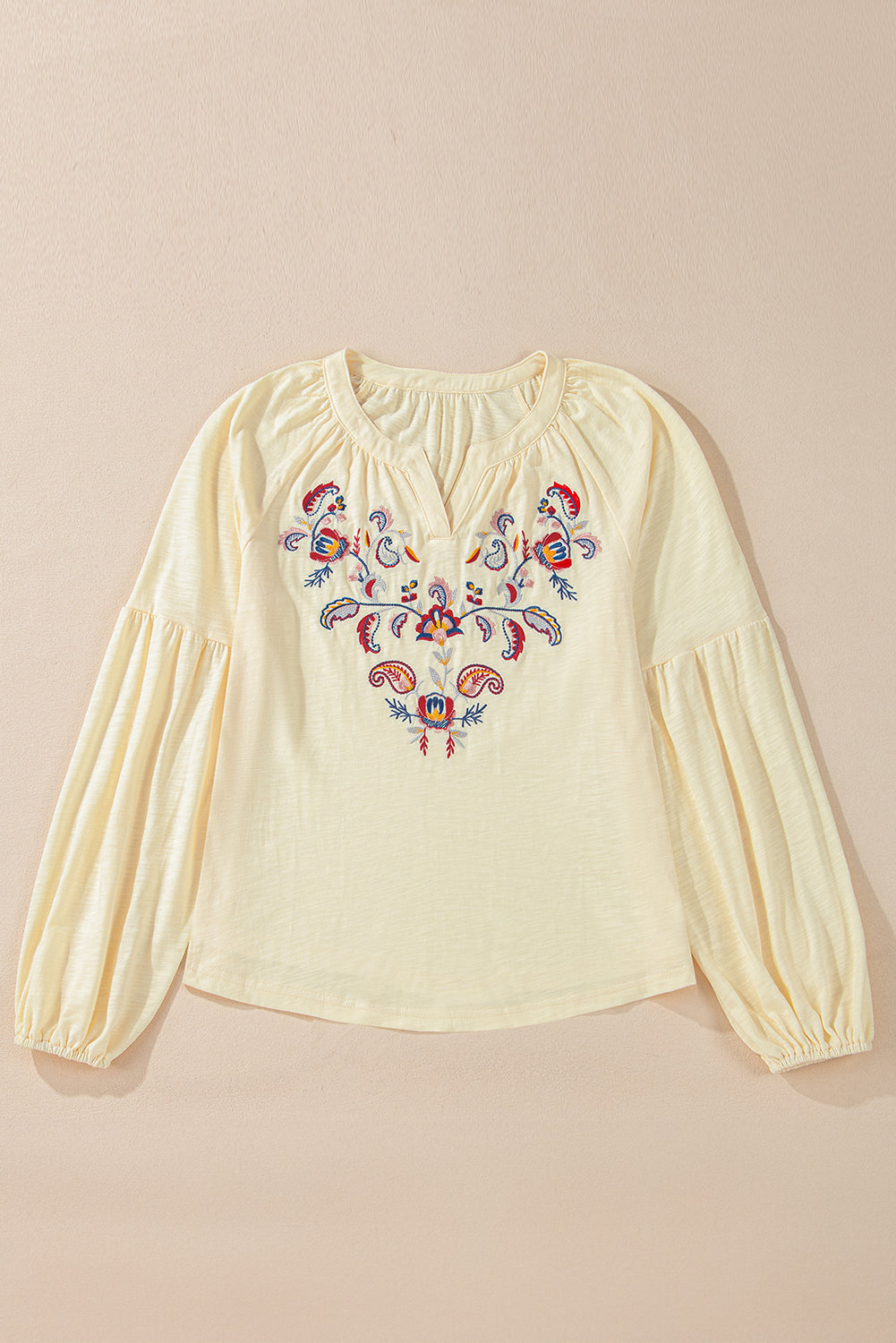 Paisley Floral Embroidered Notch V Neck Blouse | Apricot