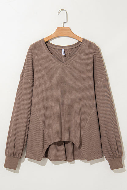 Waffle V Neck Long Sleeve Drop Shoulder Loose Blouse | Coffee