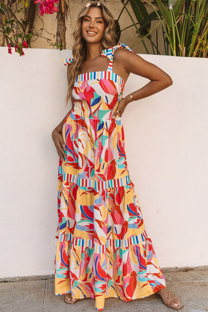 Abstract Print Striped Trim Maxi Sundress | Multicolour