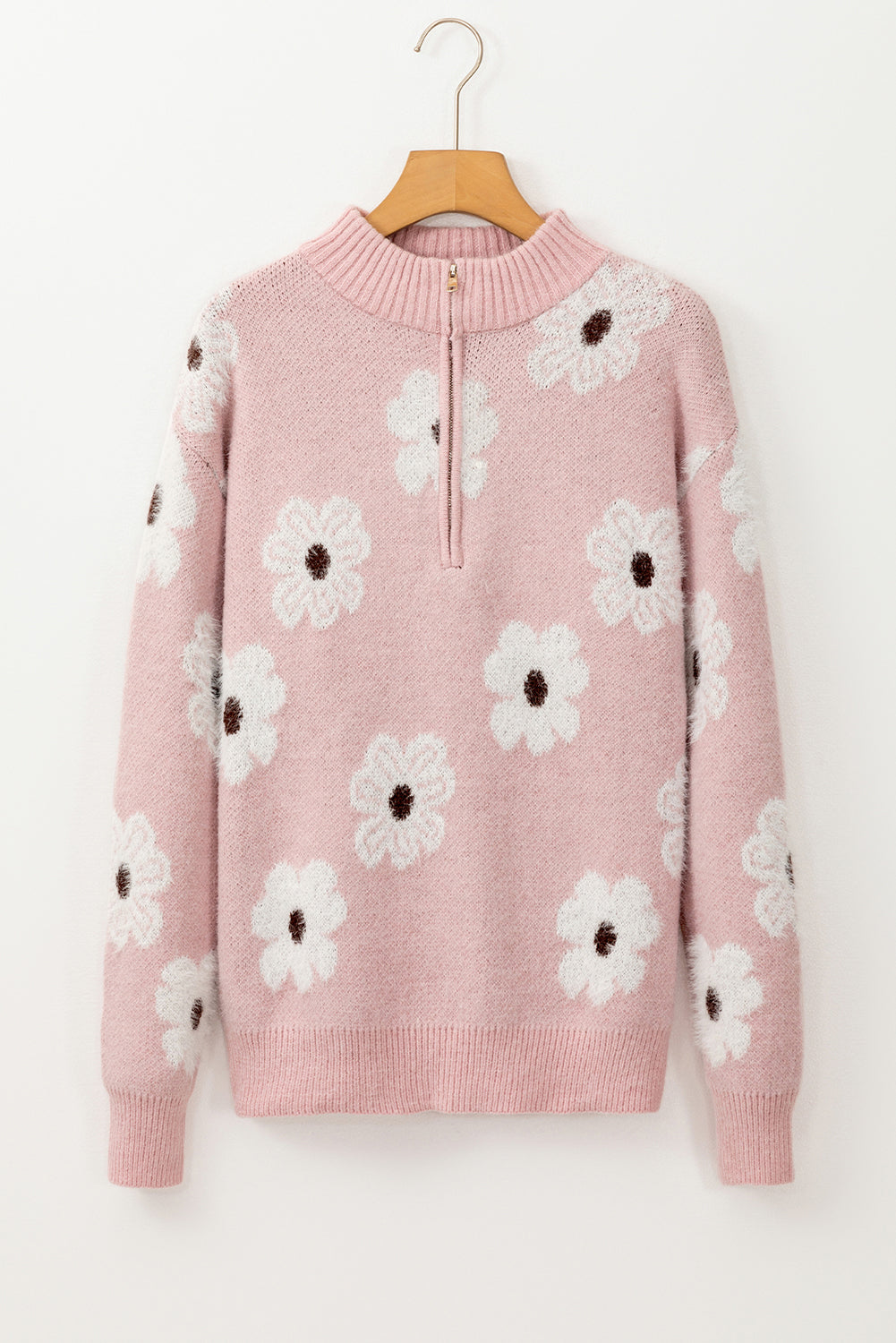 Floral Pattern Half Zip Drop Shoulder Sweater | Pink