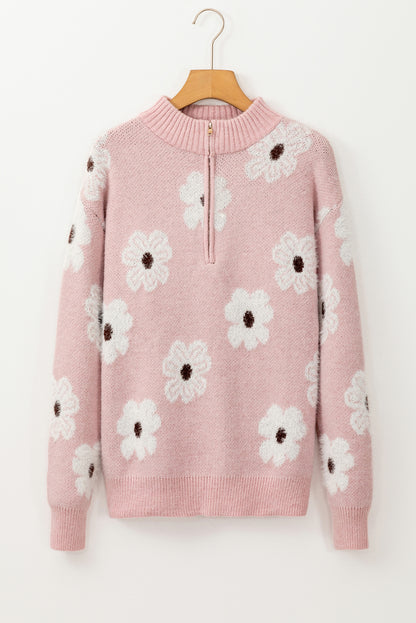 Floral Pattern Half Zip Drop Shoulder Sweater | Pink