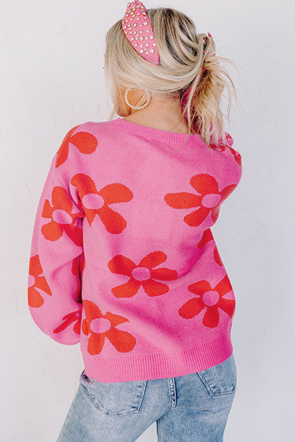 Big Flower Knit Ribbed Trim Sweater | Rose