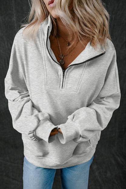 Zip-Up Stand Neck Kangaroo Pocket Sweatshirt | Light Grey