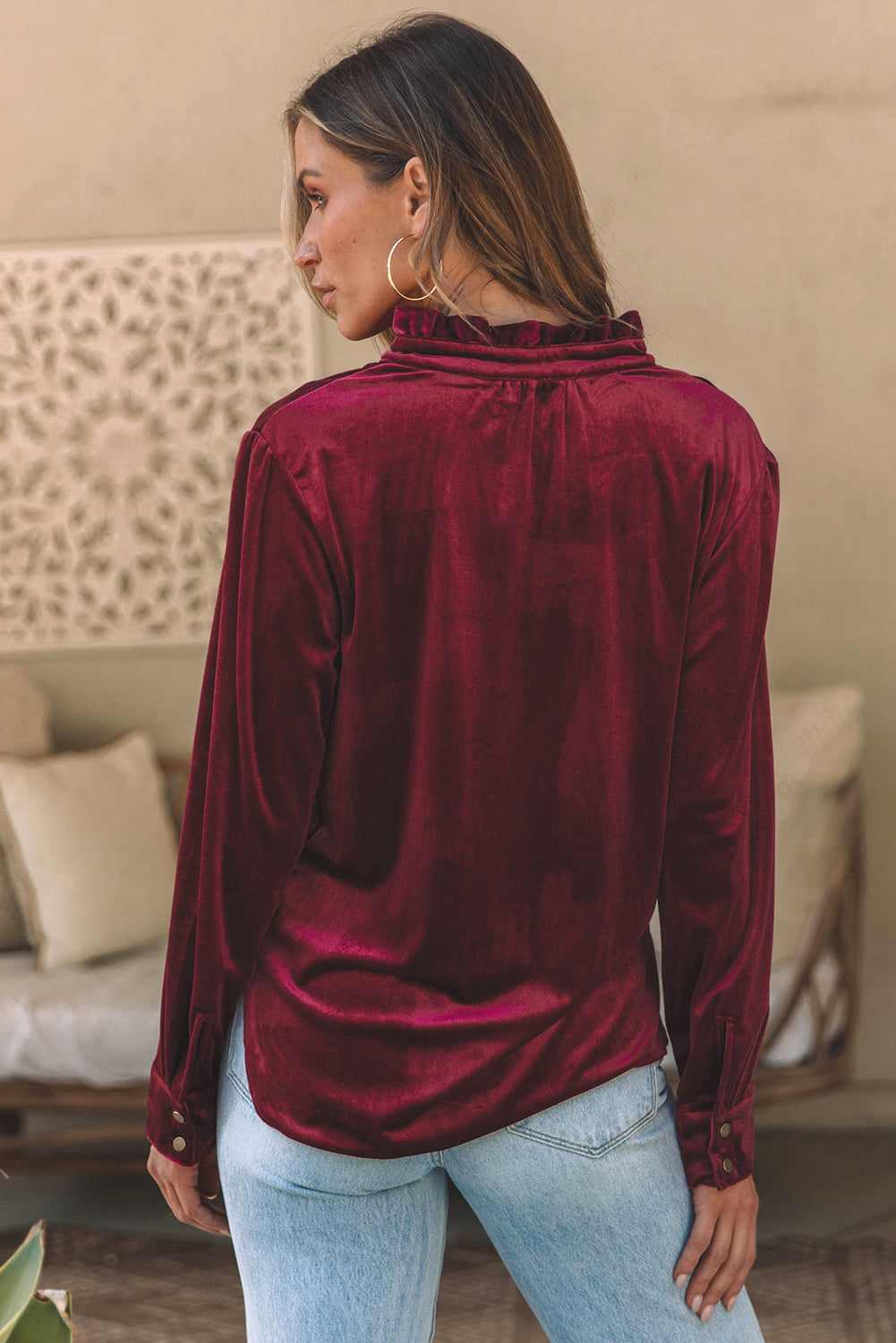 Burgundy Frilled Neck Buttoned Front Velvet Top | Biking Red