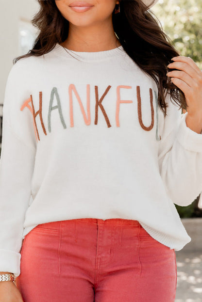 Plus Size Thankful Ivory Embroidered Sweater | White