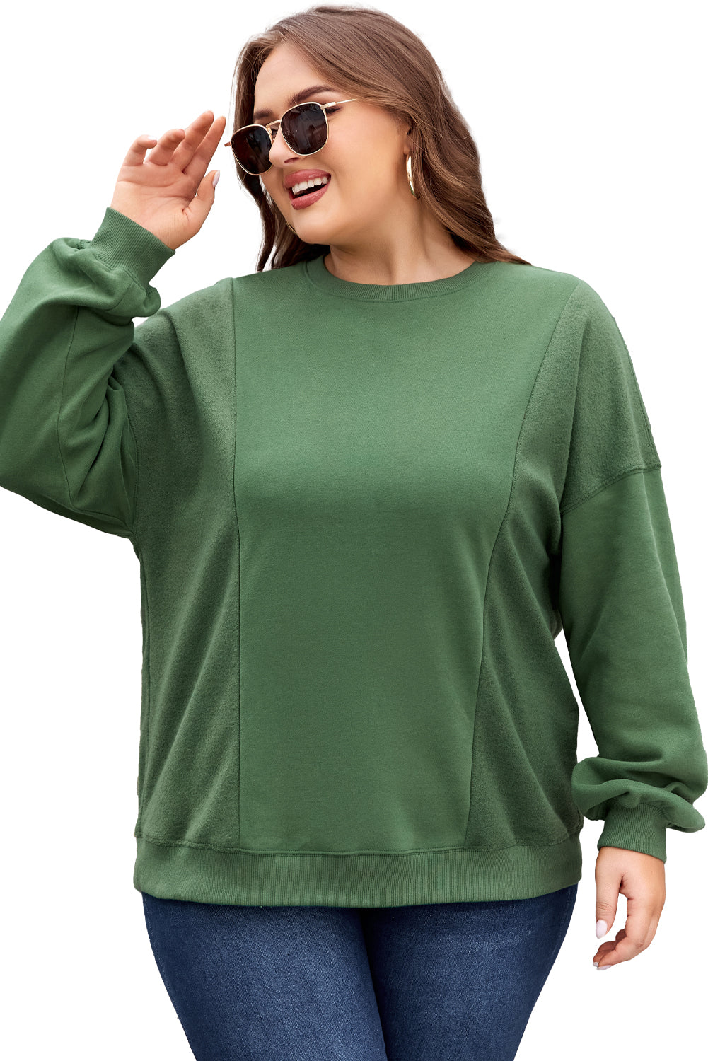 Loose Patchwork Crewneck Plus Size Sweatshirt | Blackish Green