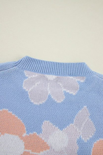 Floral O Neck Drop Shoulder Knitted Sweater | Beau Blue