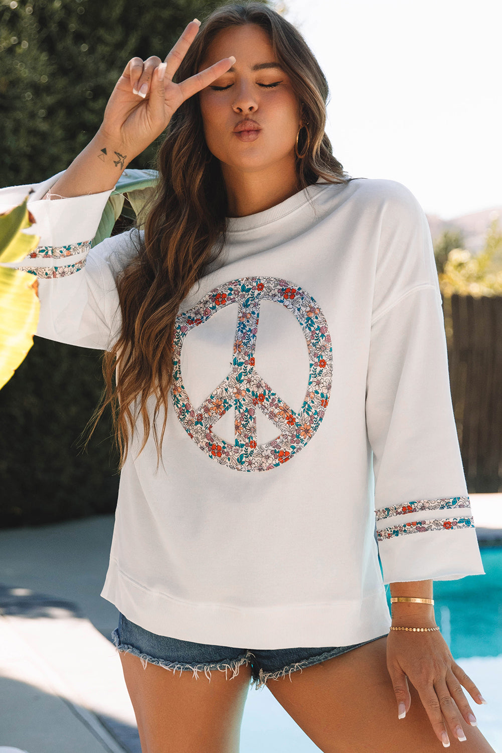 Floral Peace Sign Graphic Drop Shoulder Wide Sleeve Casual Top | Jet Stream