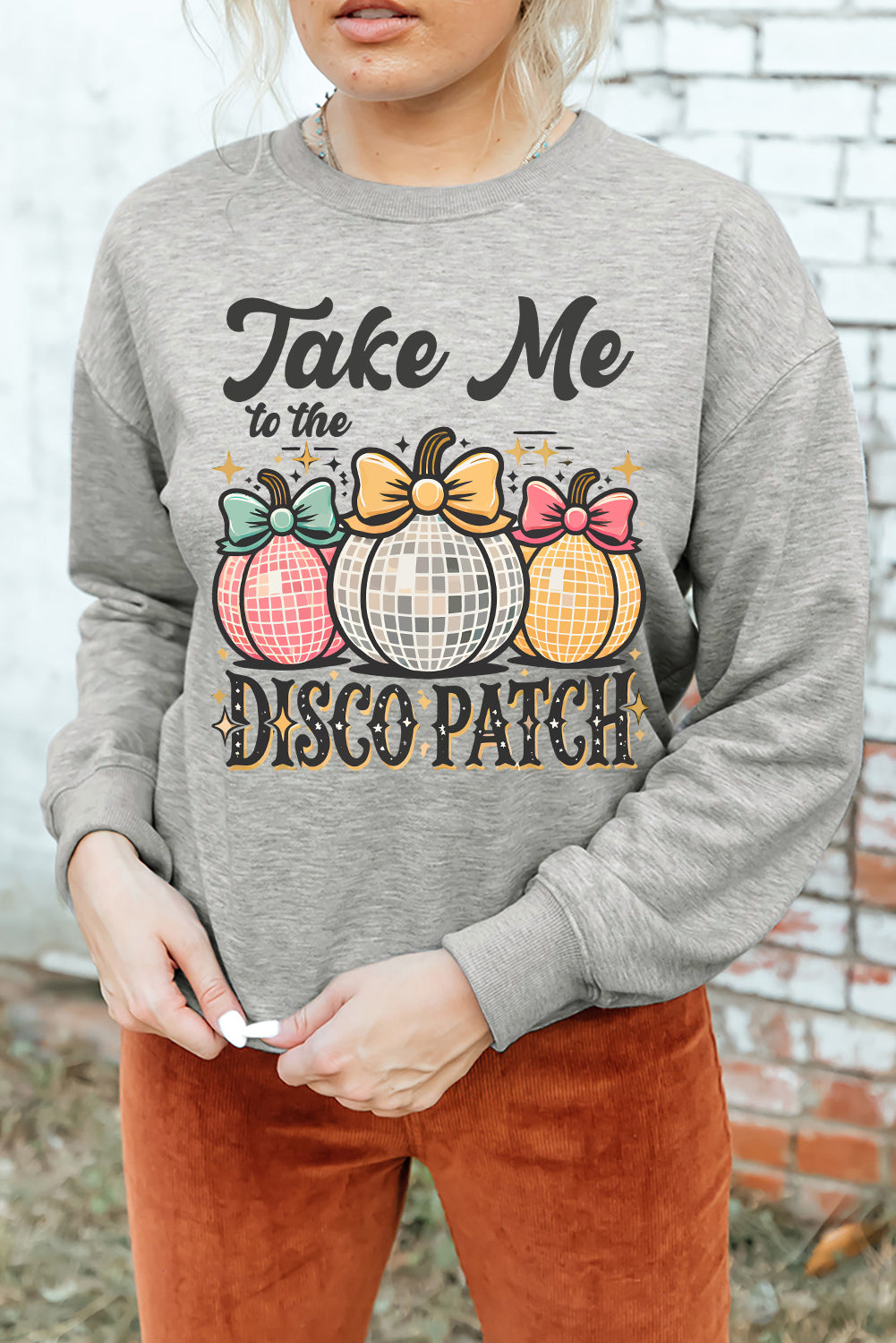 Disco Ball Bowknot Pumpkin Graphic Crewneck Sweatshirt | Gray