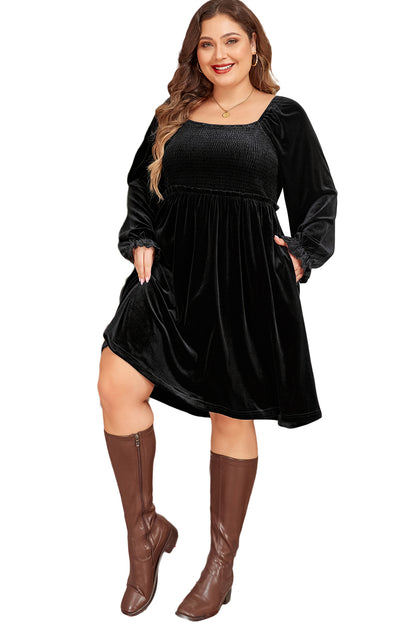 Velvet Flounce Sleeve Shirred Bodice Plus Babydoll Dress | Black