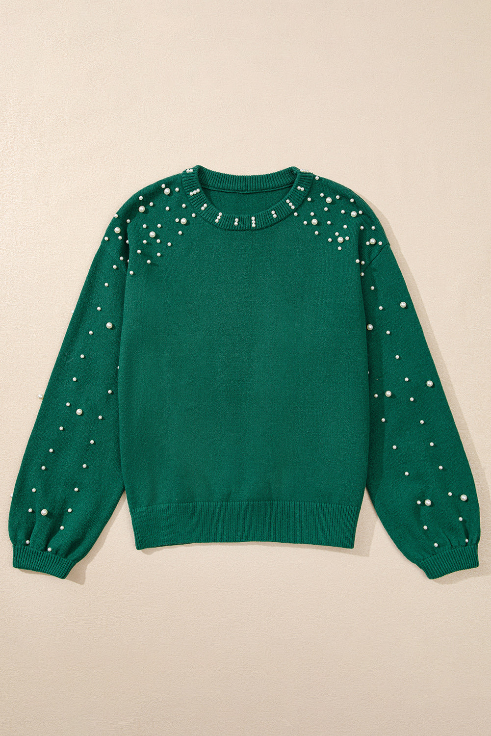 Pearled Drop Shoulder Round Neck Sweater | Evergreen