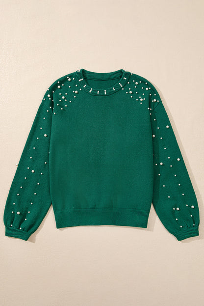 Pearled Drop Shoulder Round Neck Sweater | Evergreen