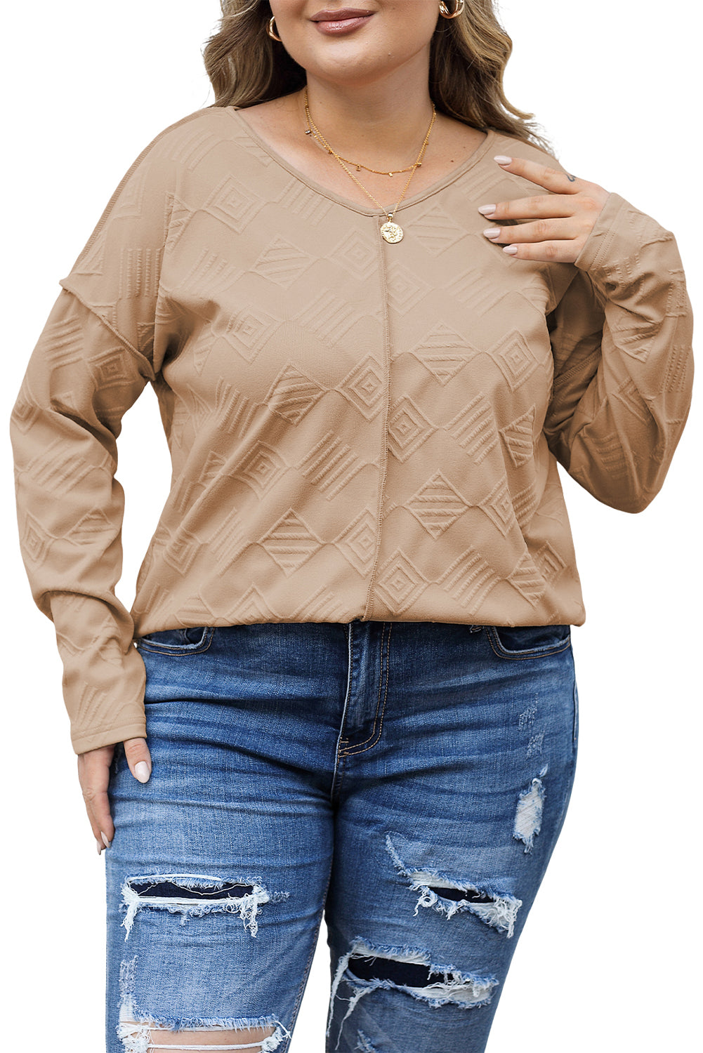 Plus Size Textured Drop Shoulder Exposed Seam Top | Khaki