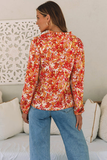 Frilled Split Neck Bubble Sleeve Floral Blouse | Grapefruit Orange