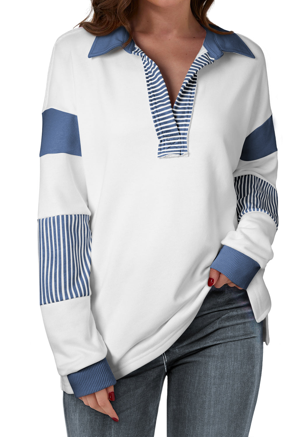 Striped Colourblock Patchwork Collar Sweatshirt | Dark Blue