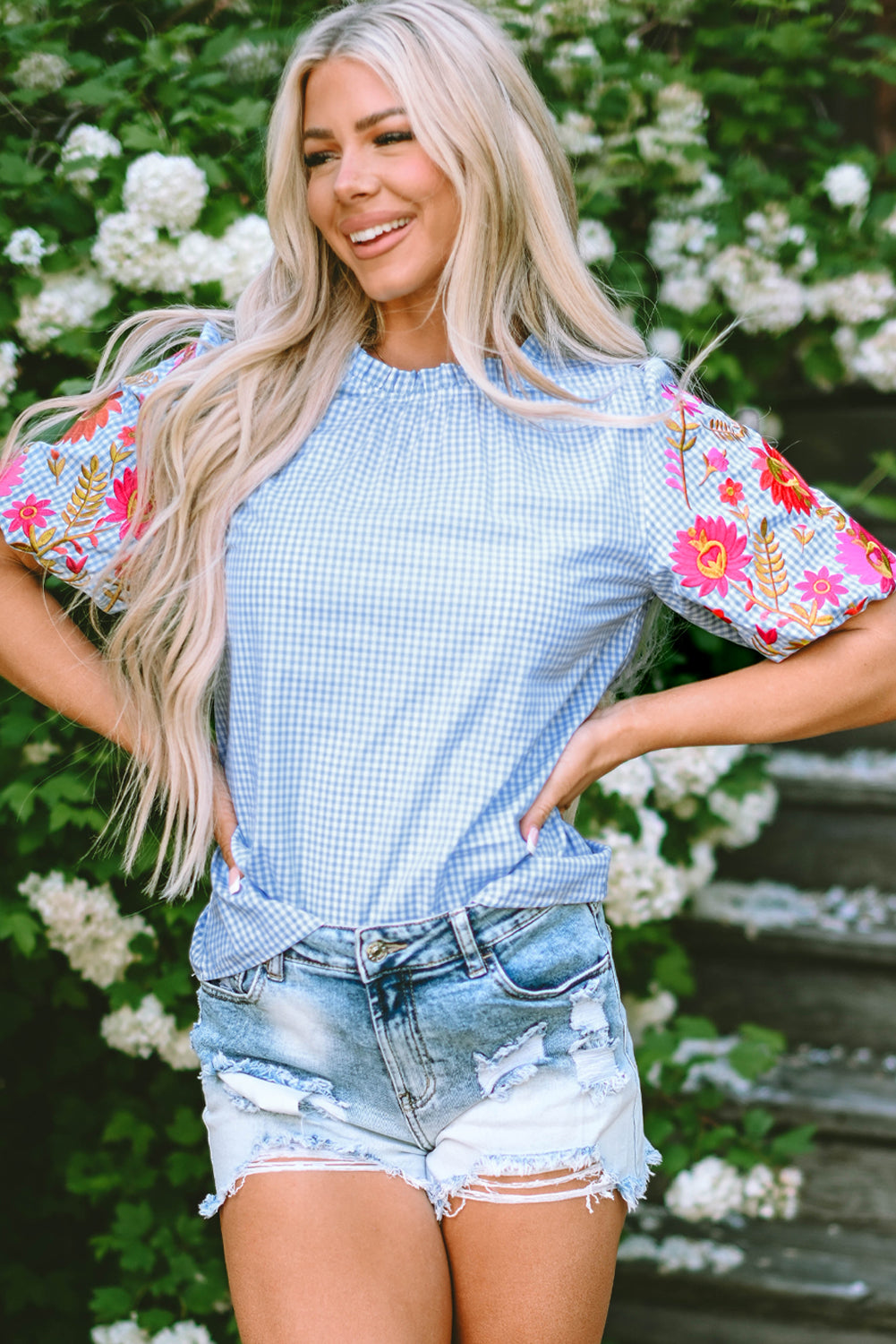 Gingham Floral Embroidered Puff Sleeve Blouse | Light Blue