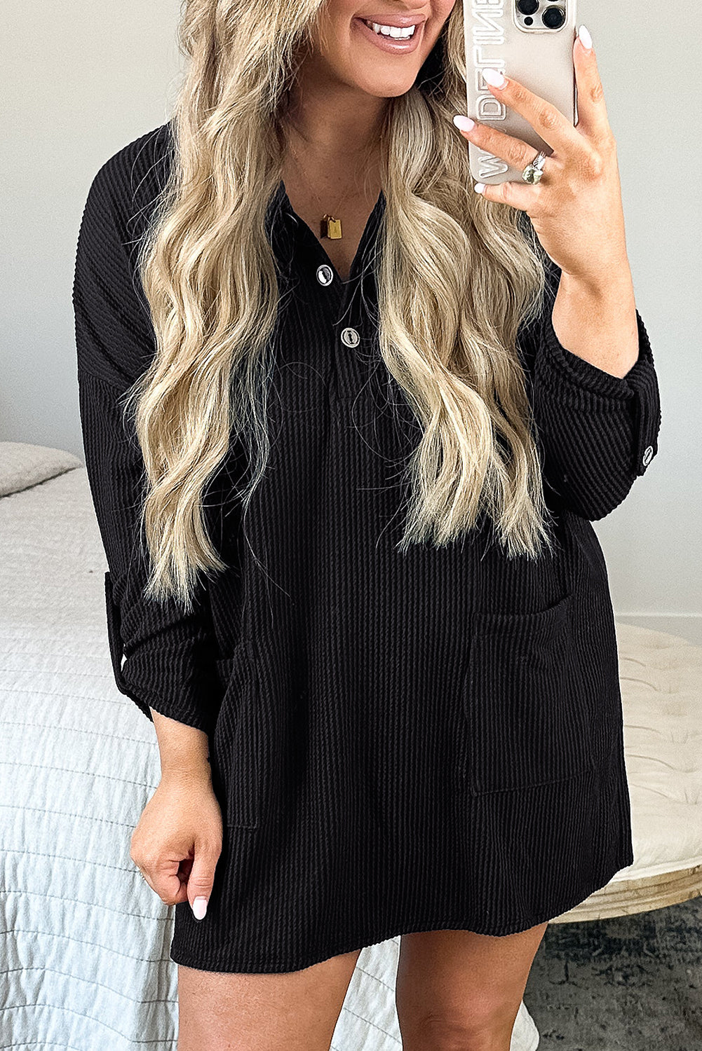 Ribbed Knit Buttoned Collared Roll Tab Sleeve Plus Size Mini Dress | Black