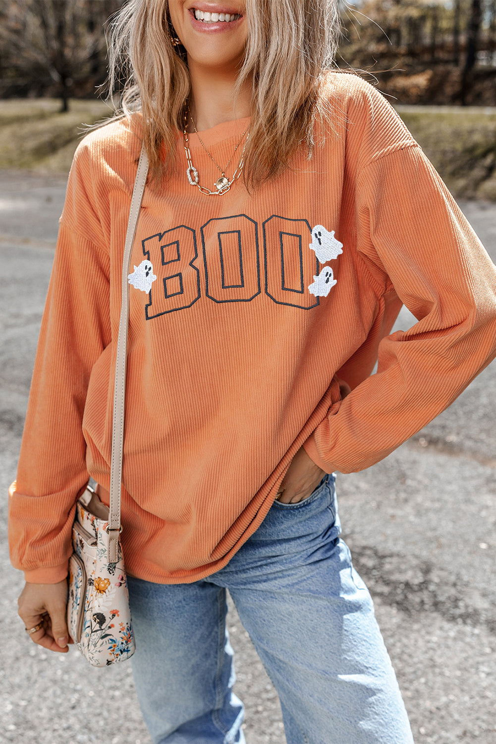 Embroidered Boo Ghost Corded Halloween Sweatshirt | Orange