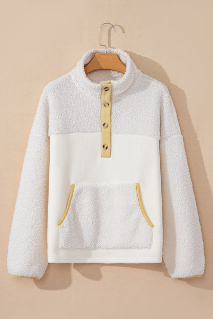 Fleece Colourblock Trim Buttons Collar Sweatshirt With Pocket | Beige