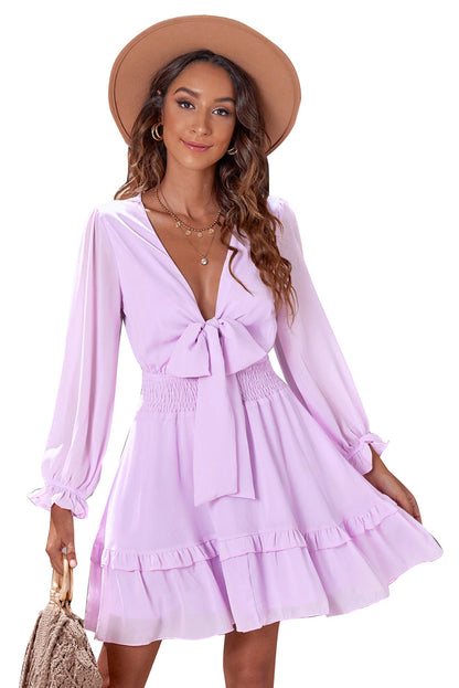 Deep V Neck Lantern Sleeve Knotted Tiered Mini Dress | Pink