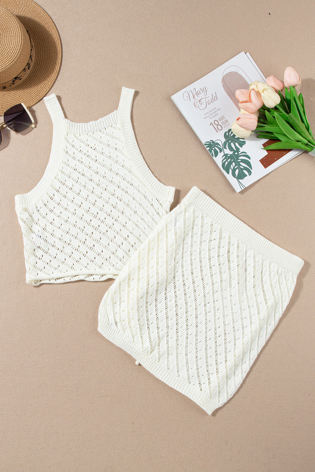 Hollowed Crochet Cropped 2 Piece Beach Dress | White