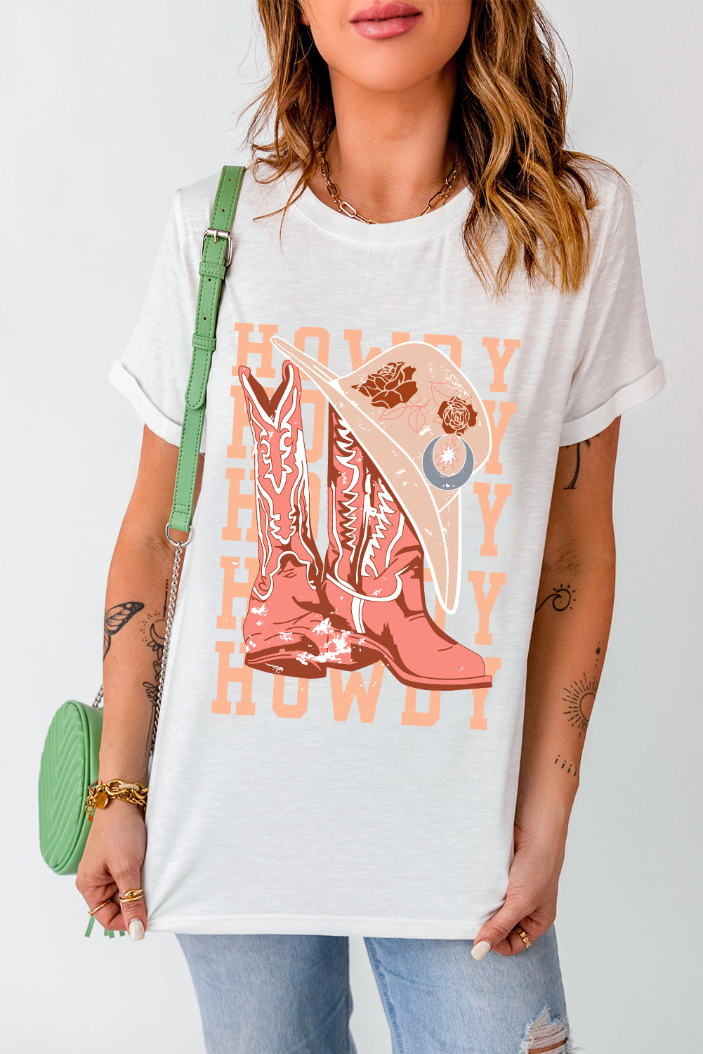 Howdy Cowboy Boots Graphic Crew Neck T Shirt | White