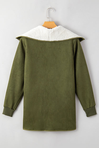 Faux Suede Fleece Lined Open Front Jacket | Green