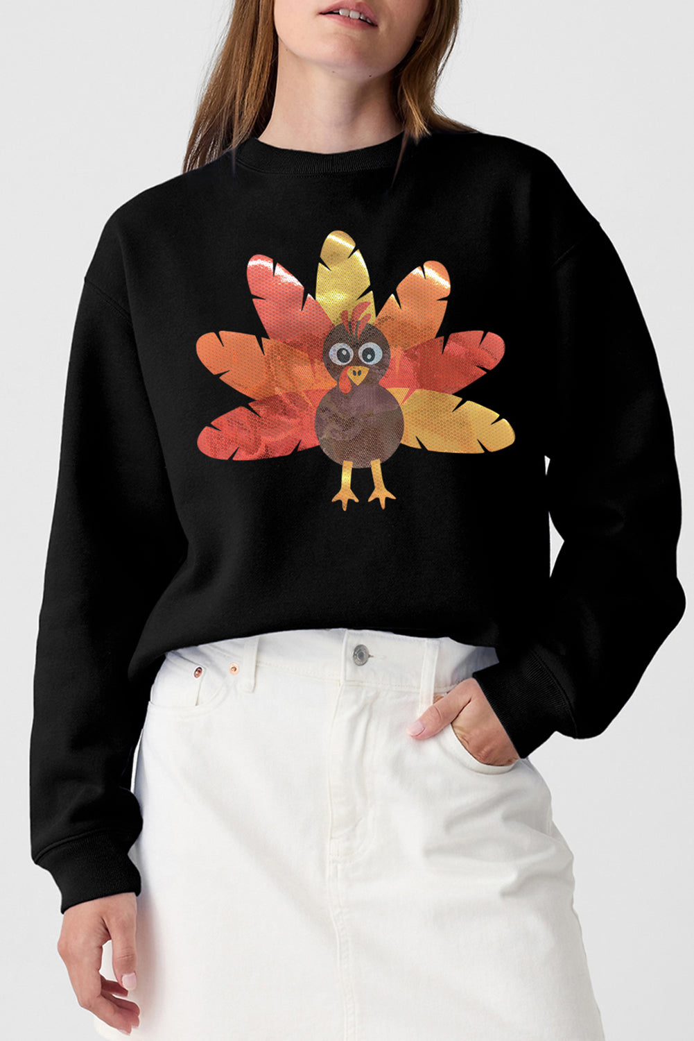 Leafy Turkey Graphic Crewneck Thanksgiving Sweatshirt | Black