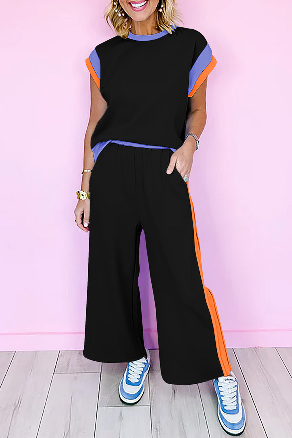 Colour Block Detail Casual Two-Piece Outfit | Black