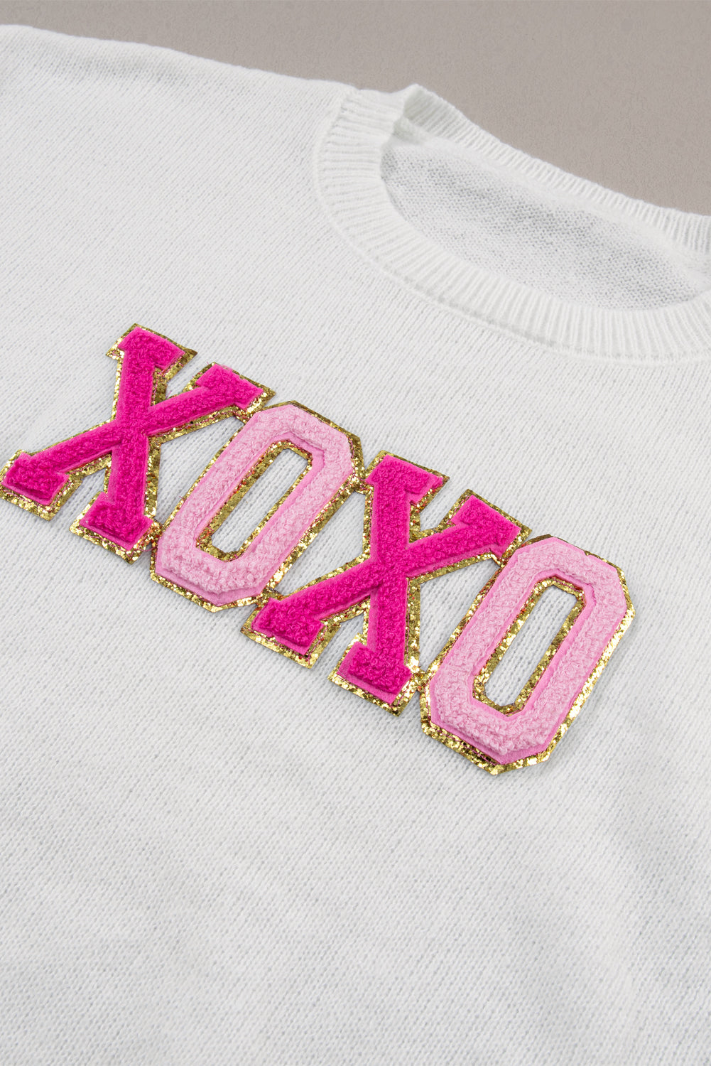 Xoxo Glitter Print Round Neck Casual Sweater | White