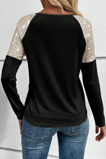 Sequin Patch Chest Pocket Raglan Sleeve Top | Black