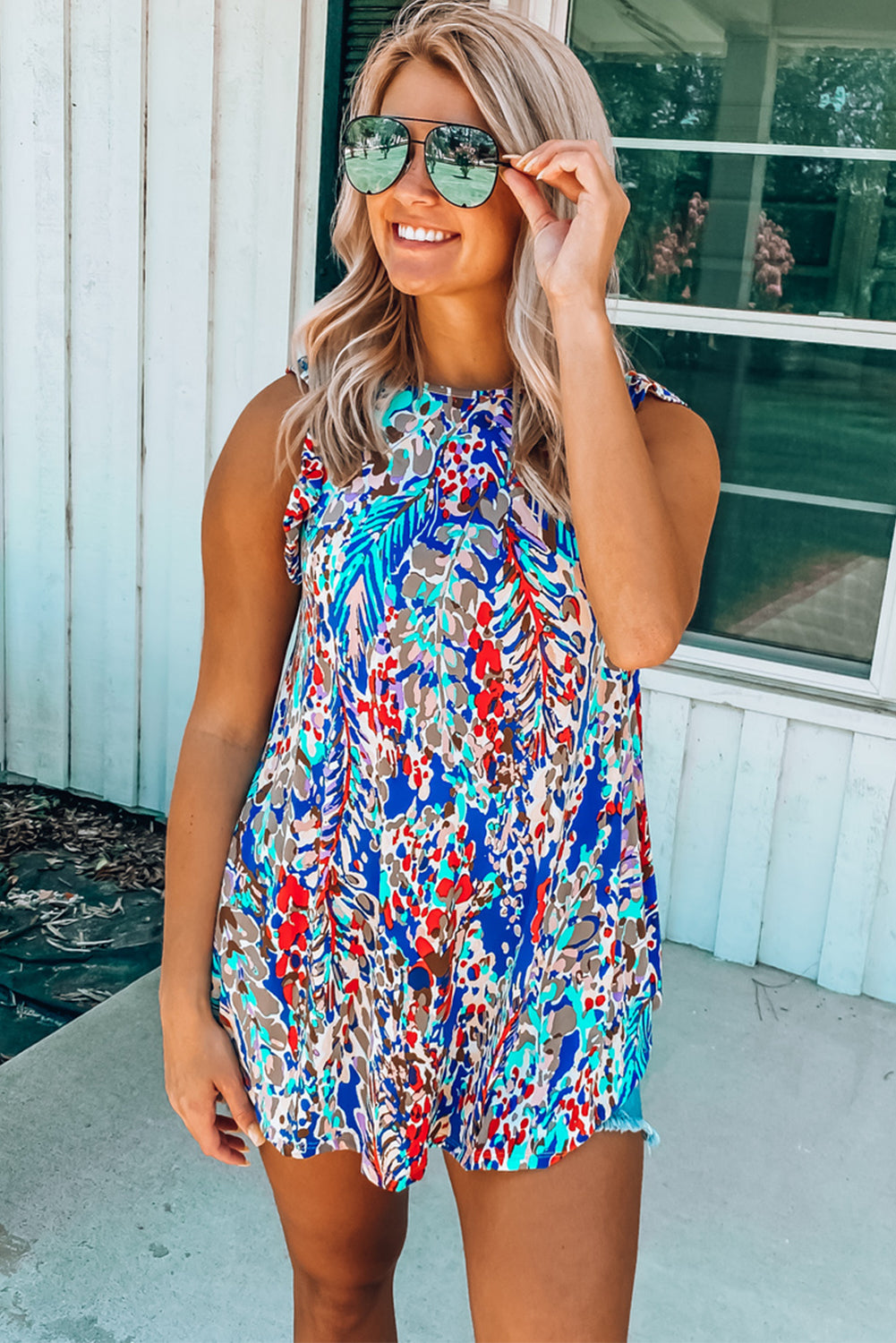 Floral Print Tank Top With Ruffles | Blue